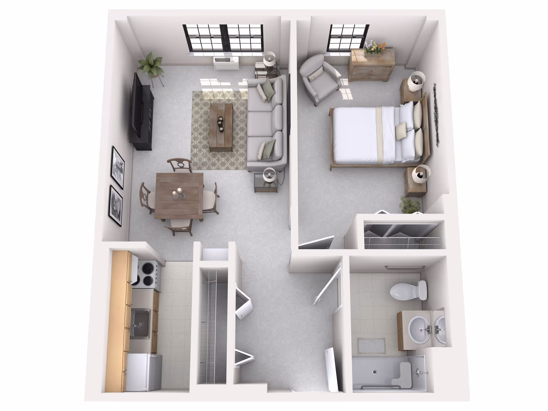 3D floor plan of a senior living apartment at Senior Suites of Midway Village showing a bedroom with a bed, armchair, dresser, and nightstands; a living room with a sofa, coffee table, TV, and dining table with chairs; a kitchen with appliances and cabinets; and a bathroom with a toilet, sink, and walk-in shower.
