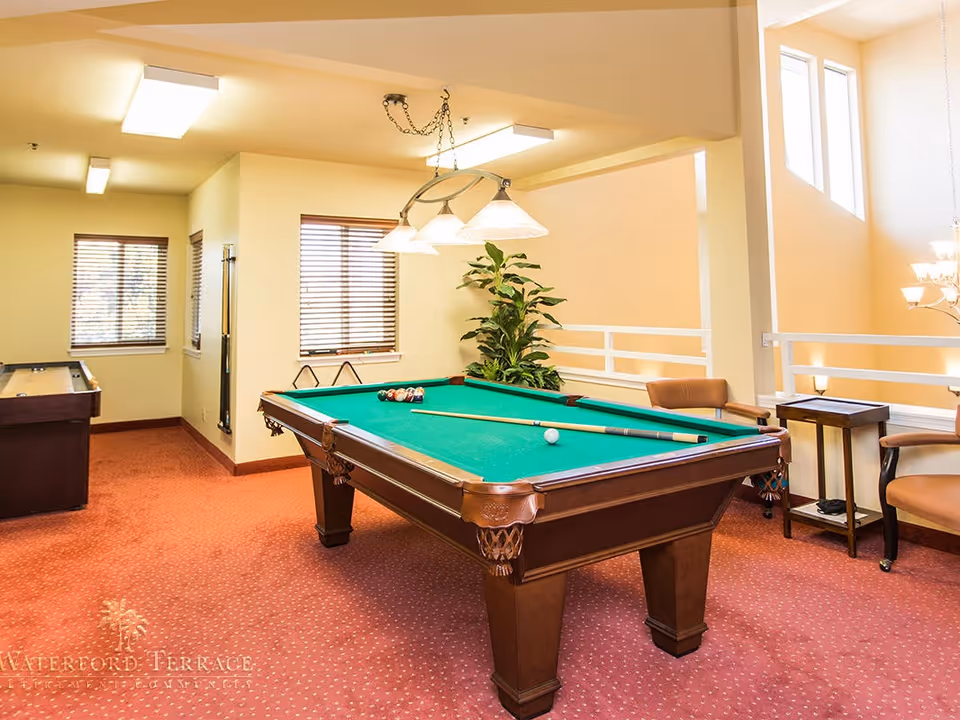 A well-lit recreational room with a green felt pool table in the center, a cue stick and balls arranged on it. There is a shuffleboard table against the wall, two windows with blinds, a potted plant, and seating with chairs and a small table. The room has warm lighting and carpeted floors.