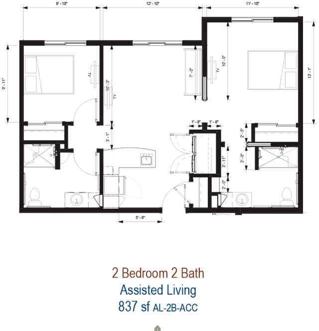 Black-and-white architectural floor plan for a 2-bedroom, 2-bath assisted living apartment labeled 837 sf.