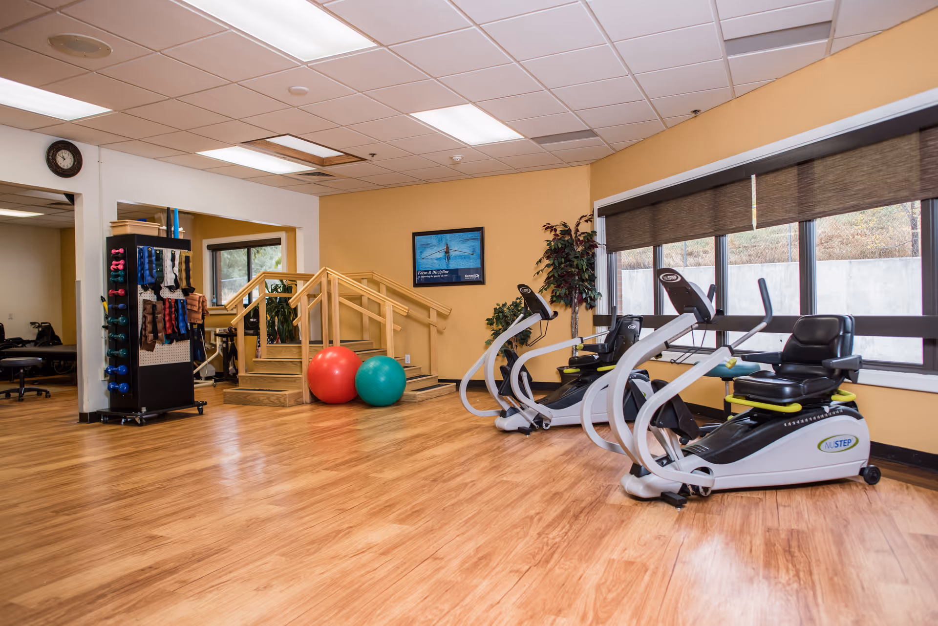 A fitness room with wooden flooring featuring two NuStep exercise machines, two large exercise balls (one red and one green), a rack with various weights and resistance bands, a small set of wooden stairs with handrails, a potted plant, and large windows with brown blinds letting in natural light.