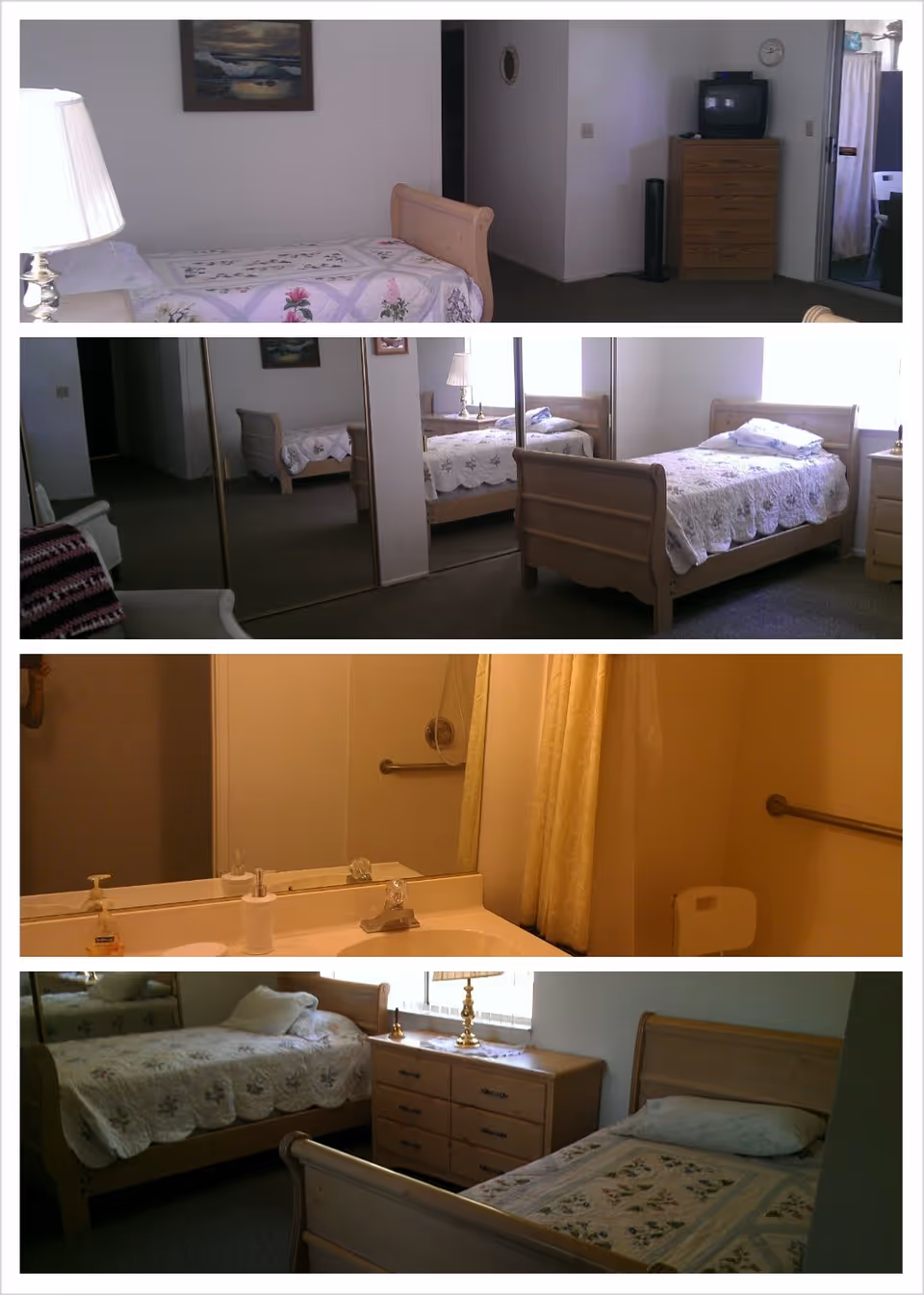 A collage of four images showing interior views of a senior living facility room and bathroom. The first image shows a single bed with floral bedding, a lamp, a dresser with a TV, and a clock on the wall. The second image shows two single beds with floral bedding, a lamp on a nightstand, and mirrored closet doors. The third image shows a bathroom sink with a mirror, soap dispenser, and a shower curtain with grab bars visible. The fourth image shows two single beds with floral bedding, a dresser with a lamp, and a window with blinds.
