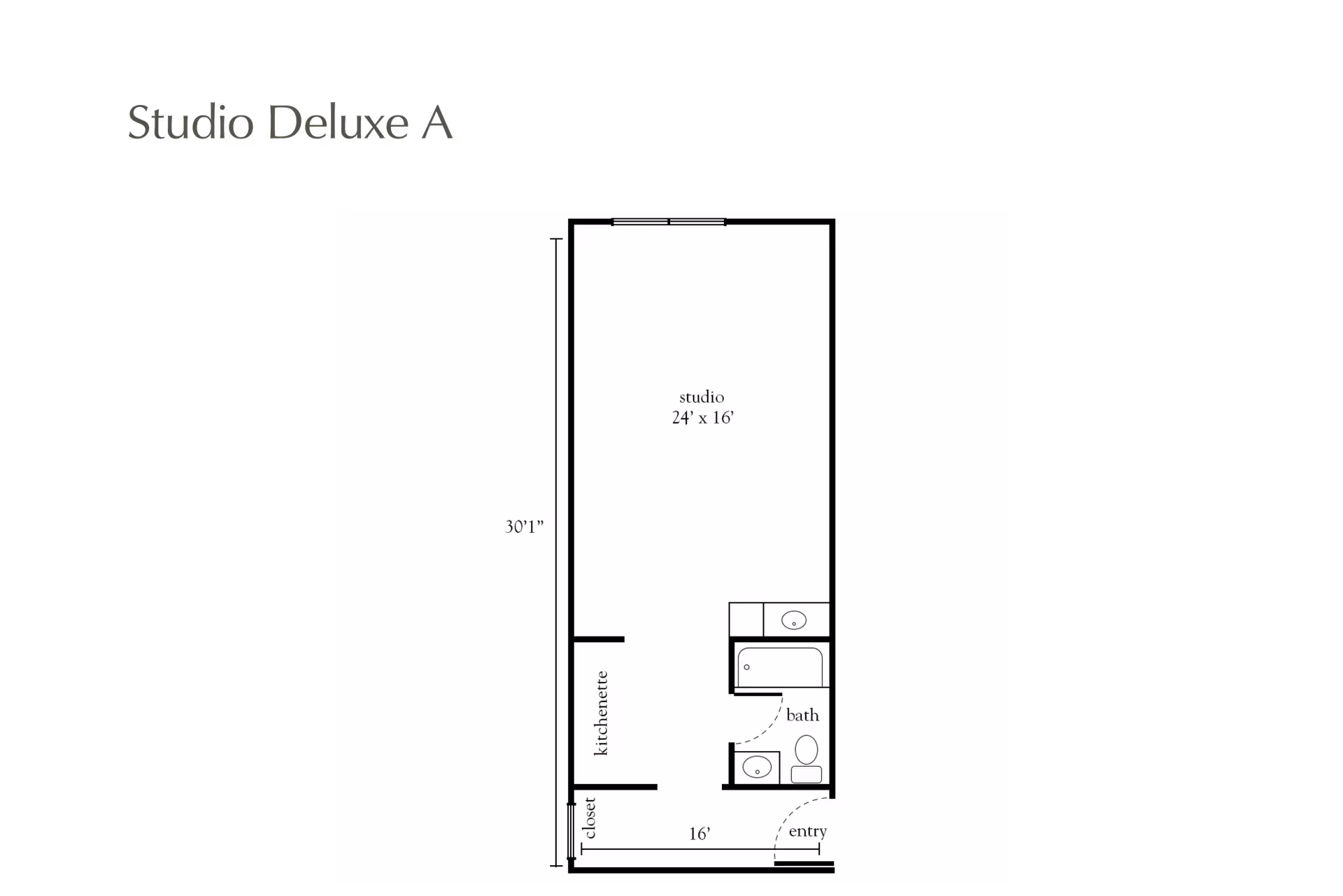 Floor plan labeled Studio Deluxe A showing a studio apartment layout with dimensions. The studio area measures 24 feet by 16 feet. The layout includes a kitchenette, a closet, a bathroom with a bathtub and toilet, and an entry area. The total length of the apartment is 30 feet 1 inch.