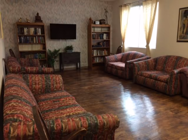 A living room with three patterned sofas arranged around a wooden floor. There are two wooden bookshelves filled with books, a small table with plants, and a wall-mounted flat screen TV. Light filters in through a window with curtains on the right side.