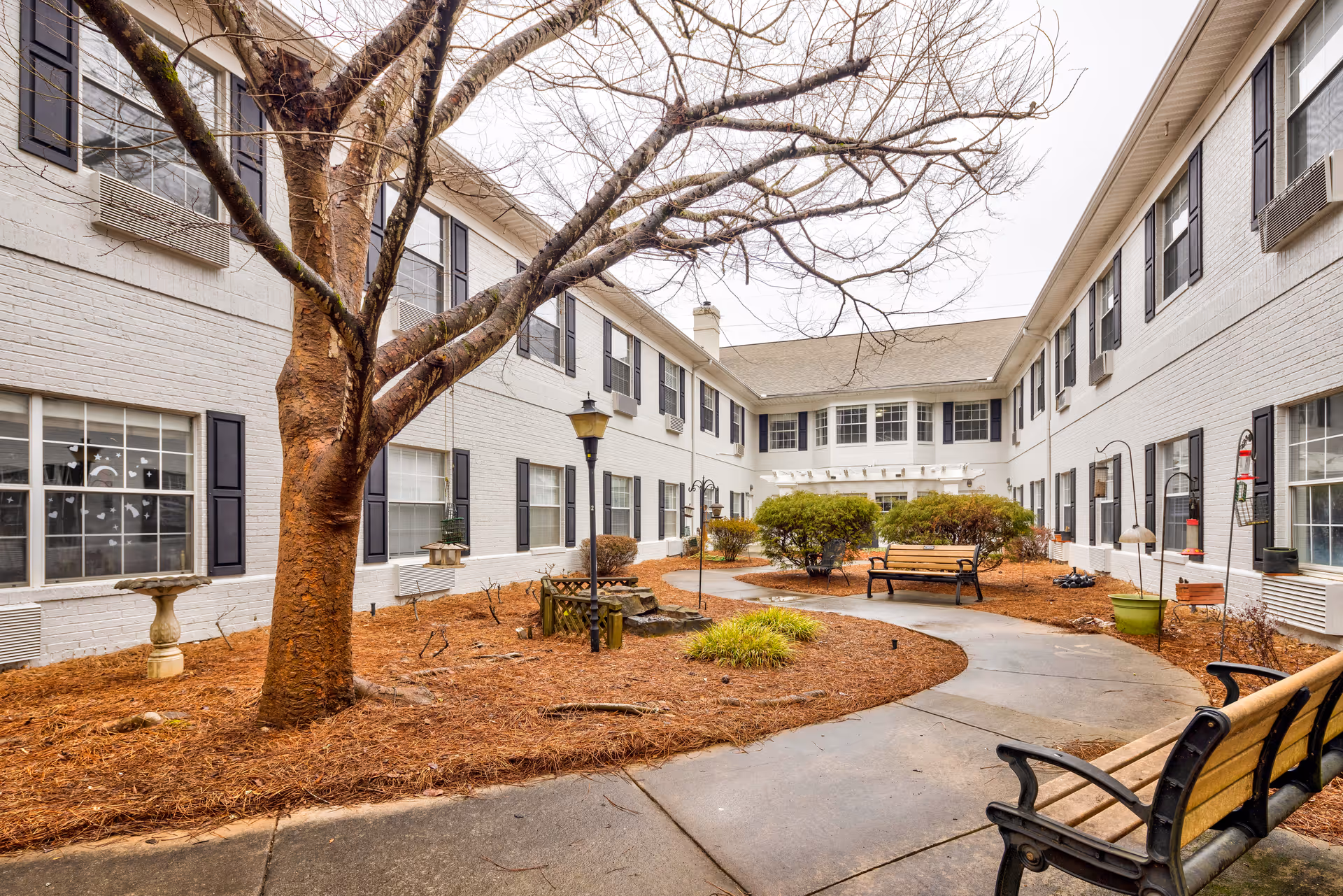 Outdoor courtyard area of a senior living facility with a large tree in the center, surrounded by benches, shrubs, bird feeders, and a winding concrete pathway. The courtyard is enclosed by a two-story white brick building with black window shutters and air conditioning units.