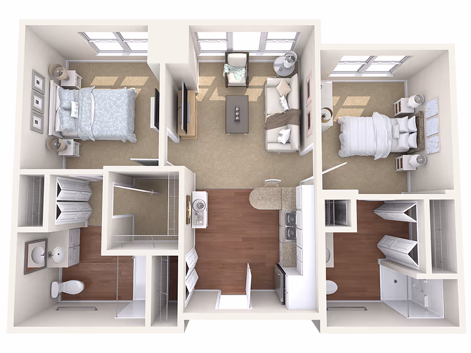 Top-down 3D floor plan of a two-bedroom apartment showing a central living room, kitchen, and two bathrooms.