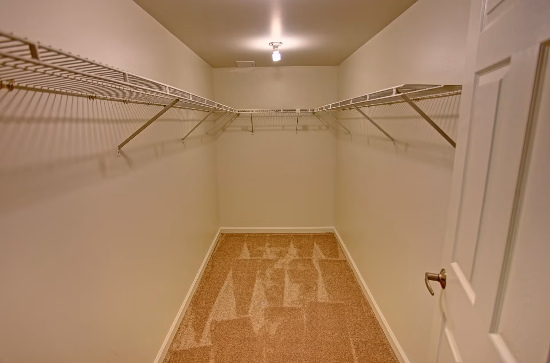 Empty walk-in closet with beige carpet, white walls, and white wire shelving on three sides under a ceiling light.