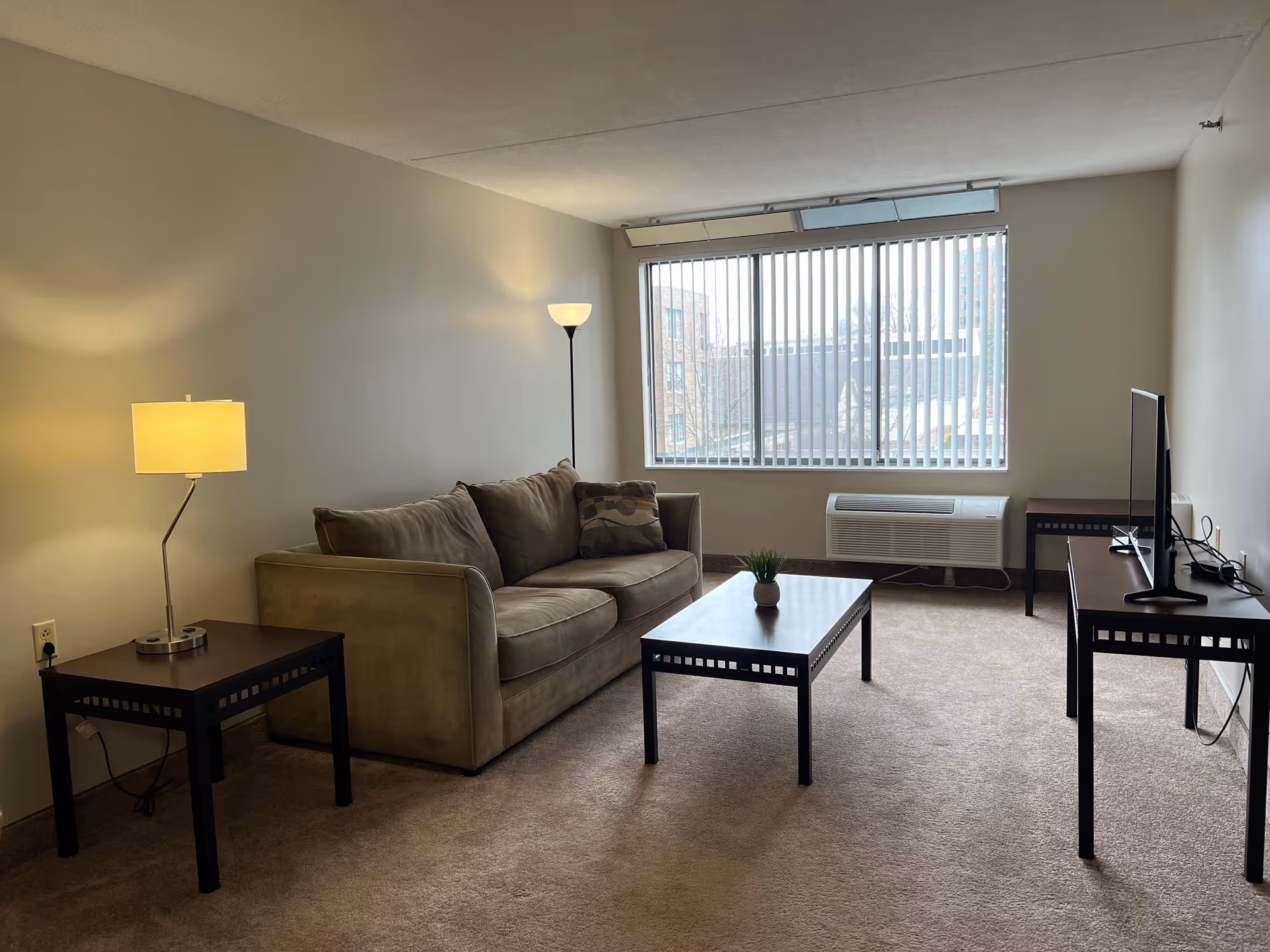 A simple living room with a beige sofa, a patterned cushion, a coffee table with a small plant, a side table with a lamp, a floor lamp, a TV on a stand, and a large window with vertical blinds letting in natural light.