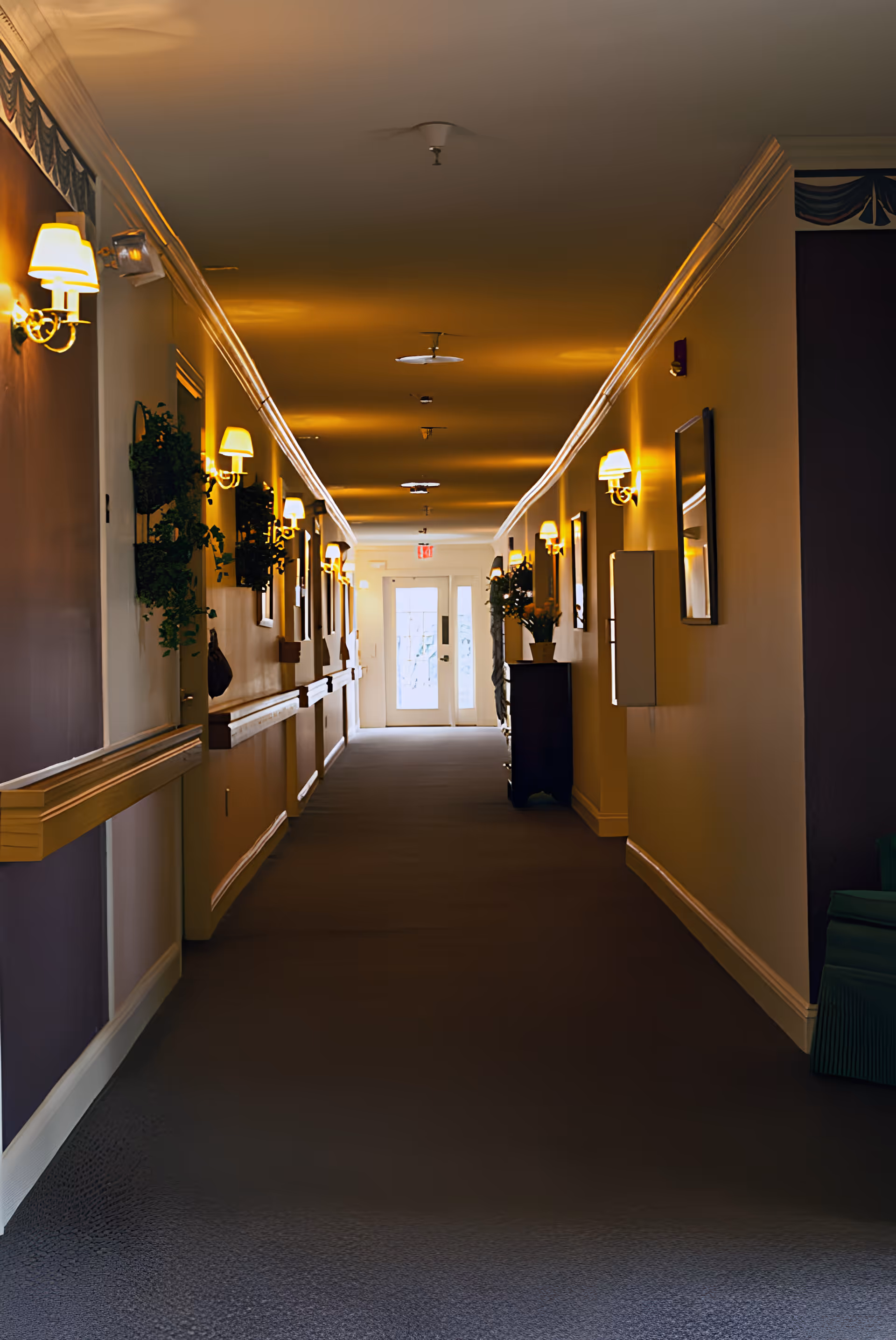 A long, well-lit hallway in a senior living facility with wall-mounted lamps and handrails on both sides. The walls are decorated with framed pictures and potted plants. At the end of the hallway, there is a glass door letting in natural light.
