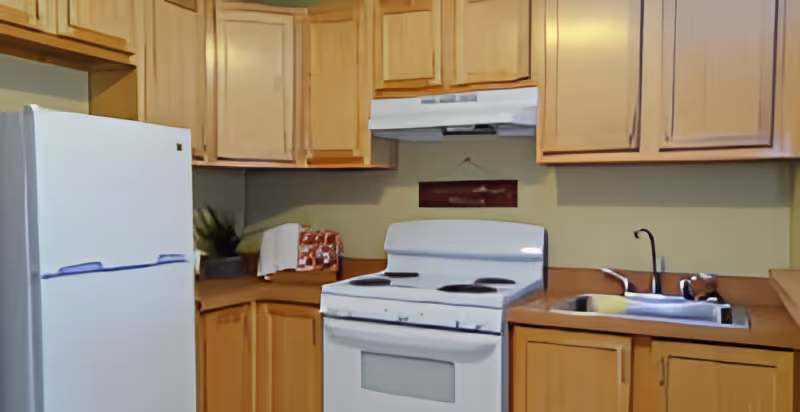 A kitchen with wooden cabinets, a white refrigerator on the left, a white electric stove with four burners in the center, and a stainless steel sink with a faucet on the right. There is a small plant and a toaster on the countertop.
