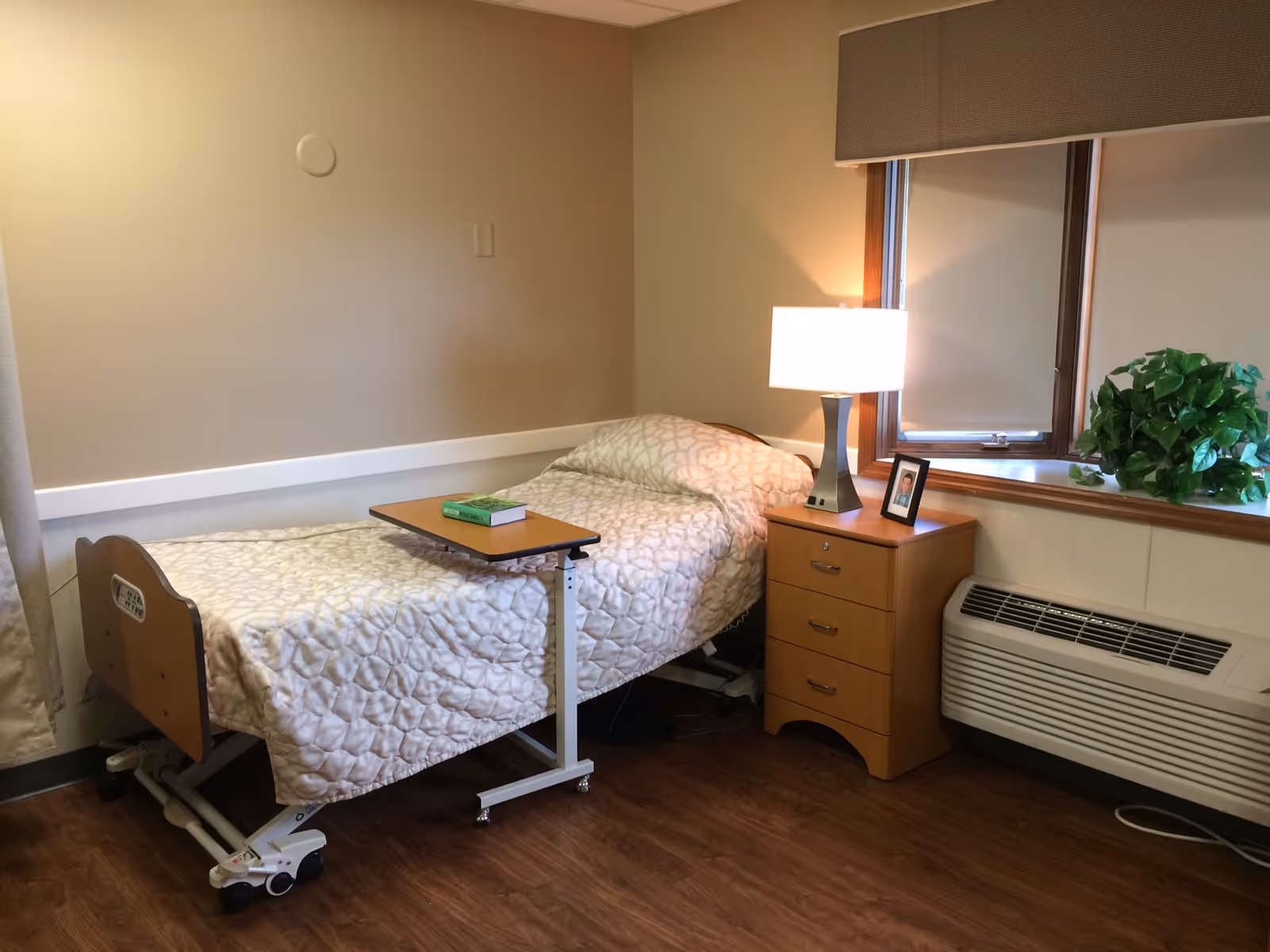 A simple nursing-home bedroom with a single adjustable hospital bed, overbed table, wooden bedside drawer with a lamp and framed photo, and a window with a plant.