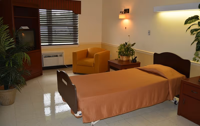 A single bed with an orange bedspread in a well-lit room. The room includes a wooden nightstand with a potted plant and a telephone, a yellow armchair near a window with blinds, a wooden cabinet with a TV, and a potted plant on the floor. The walls are light-colored with a wall-mounted light fixture above the nightstand.