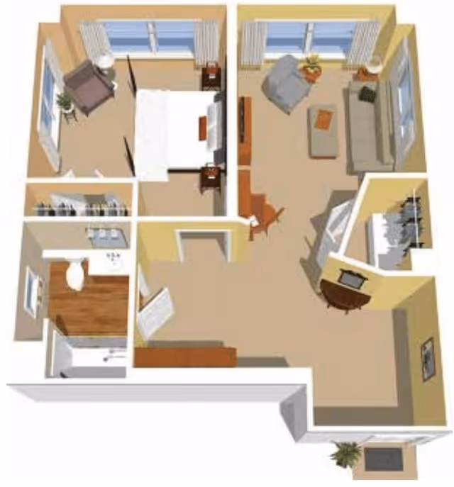 3D floor plan of a senior living apartment at Atria Park of Pacific Palisades showing a bedroom with a bed and chair, a living room with sofa and armchair, a bathroom with toilet and shower, and a small entry area with closet and desk.