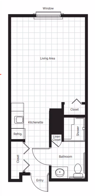 Floor plan of a senior living unit at Belmont Village Senior Living Hollywood Hills showing an entry leading to a kitchenette with refrigerator, a living area with a window, a bathroom with a shower, toilet, and sink, and multiple closets including a linen closet.