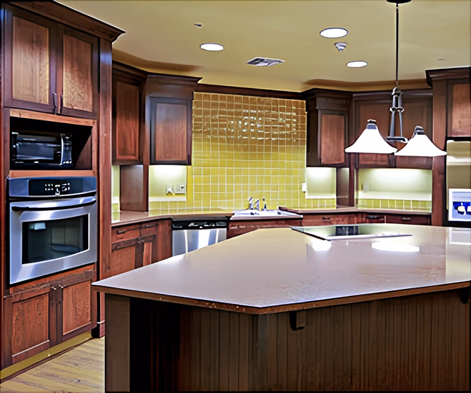 A spacious kitchen with wooden cabinets, a large central island with a smooth countertop, stainless steel oven and dishwasher, yellow tiled backsplash, and two hanging pendant lights.