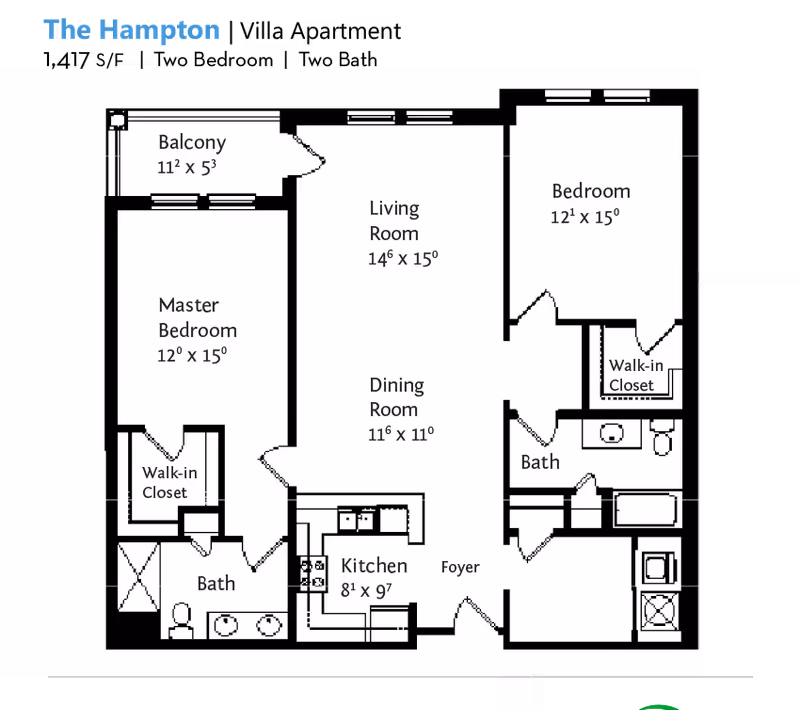 Floor plan of The Hampton apartment at Cascades Verdae showing two bedrooms, two bathrooms, a living room, dining room, kitchen, foyer, balcony, and walk-in closets.
