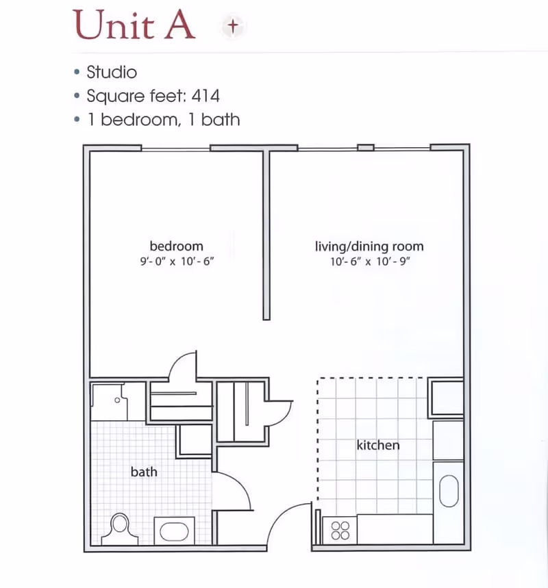 Floor plan of Unit A studio apartment at Village at the Oaks, showing a 414 square feet layout with 1 bedroom and 1 bathroom. The plan includes a bedroom measuring 9 feet by 10 feet 6 inches, a living/dining room measuring 10 feet 6 inches by 10 feet 9 inches, a kitchen area, and a bathroom with a toilet, sink, and bathtub.