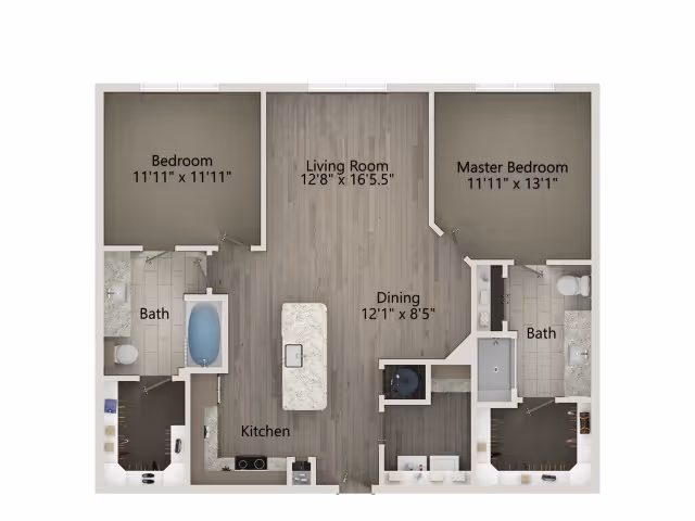 Floor plan of a two-bedroom apartment with labeled rooms including a bedroom, master bedroom, living room, dining area, kitchen, and two bathrooms. The living room is centrally located with dimensions 12'8" x 16'5.5". The bedroom measures 11'11" x 11'11" and the master bedroom measures 11'11" x 13'1". The dining area is 12'1" x 8'5". The kitchen is adjacent to the dining area and living room. Each bedroom has an attached bathroom.