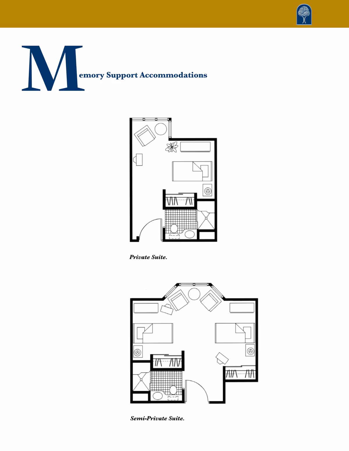 Floor plans for Memory Support Accommodations at Brooking Park showing two types of suites: a Private Suite with a single bed, chair, table, and bathroom, and a Semi-Private Suite with two beds, chairs, tables, and a shared bathroom.