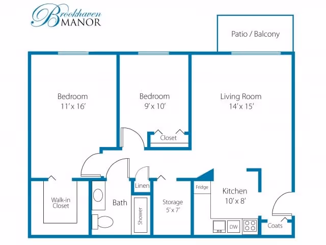 Floor plan of an apartment at Brookhaven Manor showing two bedrooms, a living room, kitchen, bathroom, storage, linen closet, walk-in closet, and a patio/balcony.