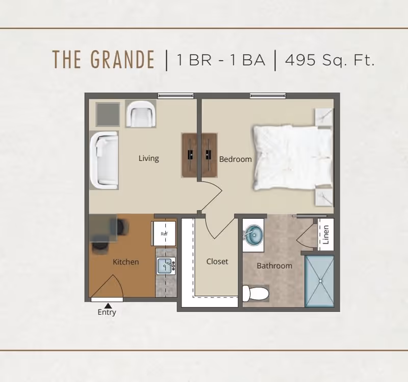 Labeled floor plan of 'The Grande' one-bedroom, one-bath 495 sq. ft. apartment showing a living room, kitchen, bedroom, bathroom, closet and linen closet.