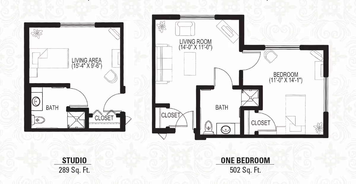 Floor plans for two apartment layouts at Heritage West Allis: a studio with a living area, bath, and closet totaling 289 square feet, and a one-bedroom with a living room, bedroom, bath, and closets totaling 502 square feet.