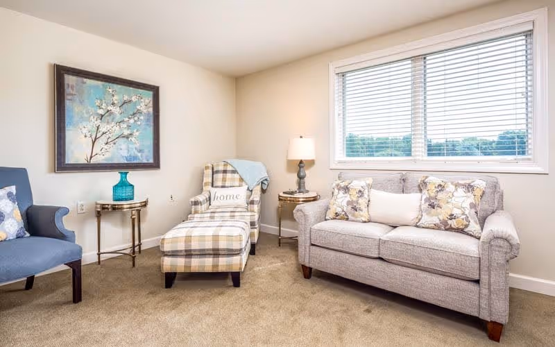 A cozy living room with a beige carpet, a gray sofa adorned with floral and plain cushions, a plaid armchair with an ottoman and a 'home' pillow, a blue armchair, two small round side tables with a lamp and a decorative blue vase, and a large window with white blinds showing greenery outside. A framed painting of white blossoms on a blue background hangs on the wall.
