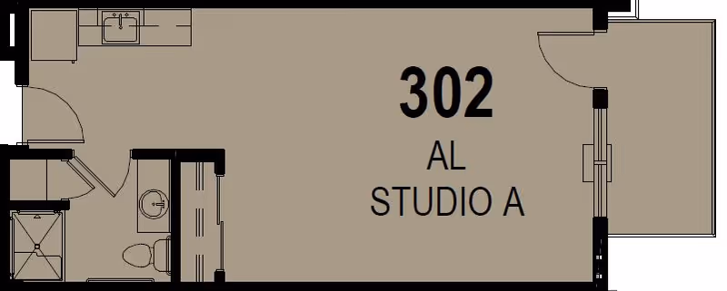 Floor plan of a studio apartment labeled 302 AL Studio A, showing a main living area, a small kitchen with a sink, a bathroom with a shower, toilet, and sink, and an entry door leading to a balcony or outdoor space.