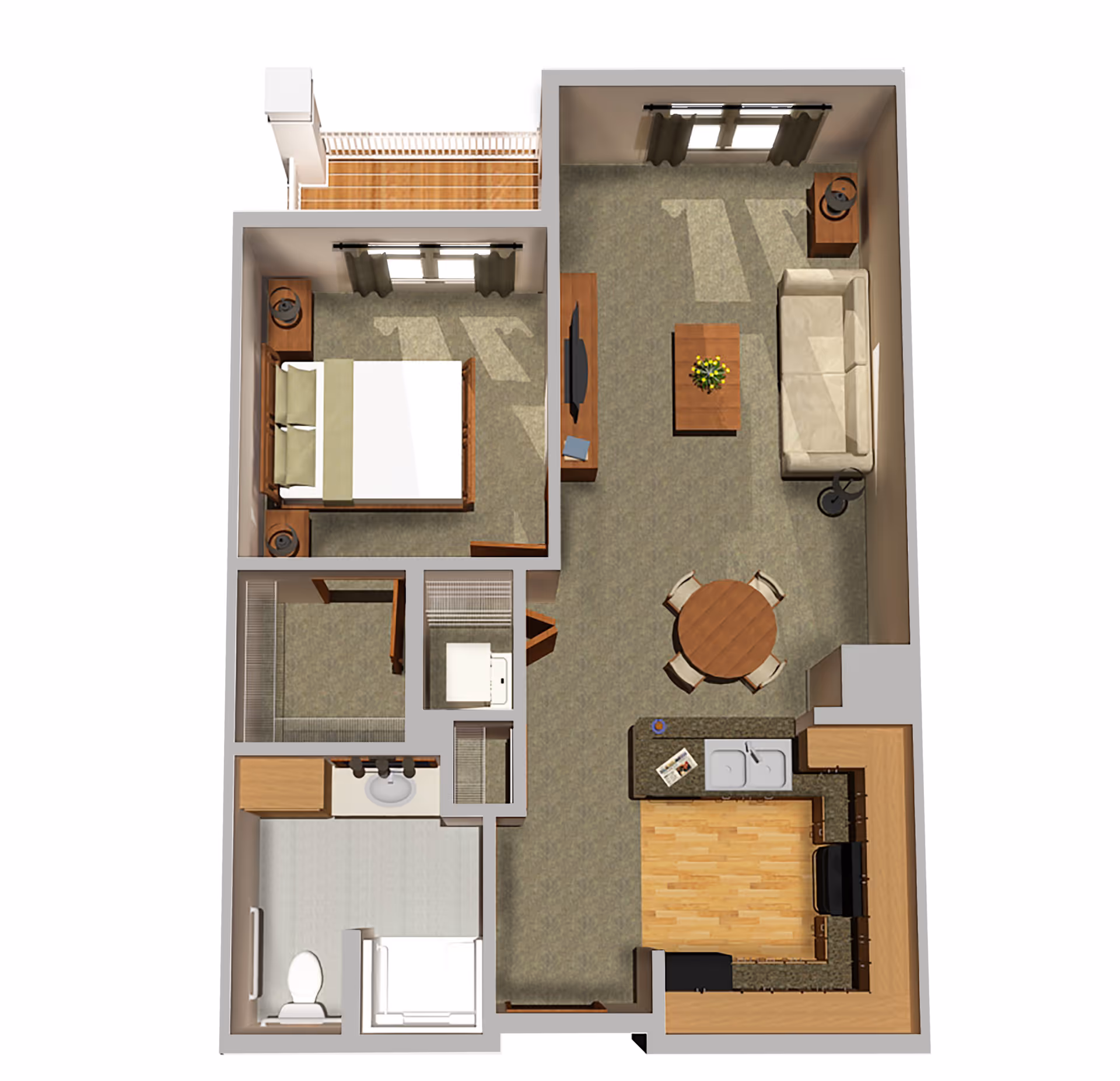 3D floor plan of a one-bedroom apartment at All Saints Neighborhood showing a bedroom with a bed and nightstands, a living room with a sofa, coffee table, TV, and dining table with chairs, a kitchen with appliances and countertops, a bathroom with a toilet and shower, and a small balcony.