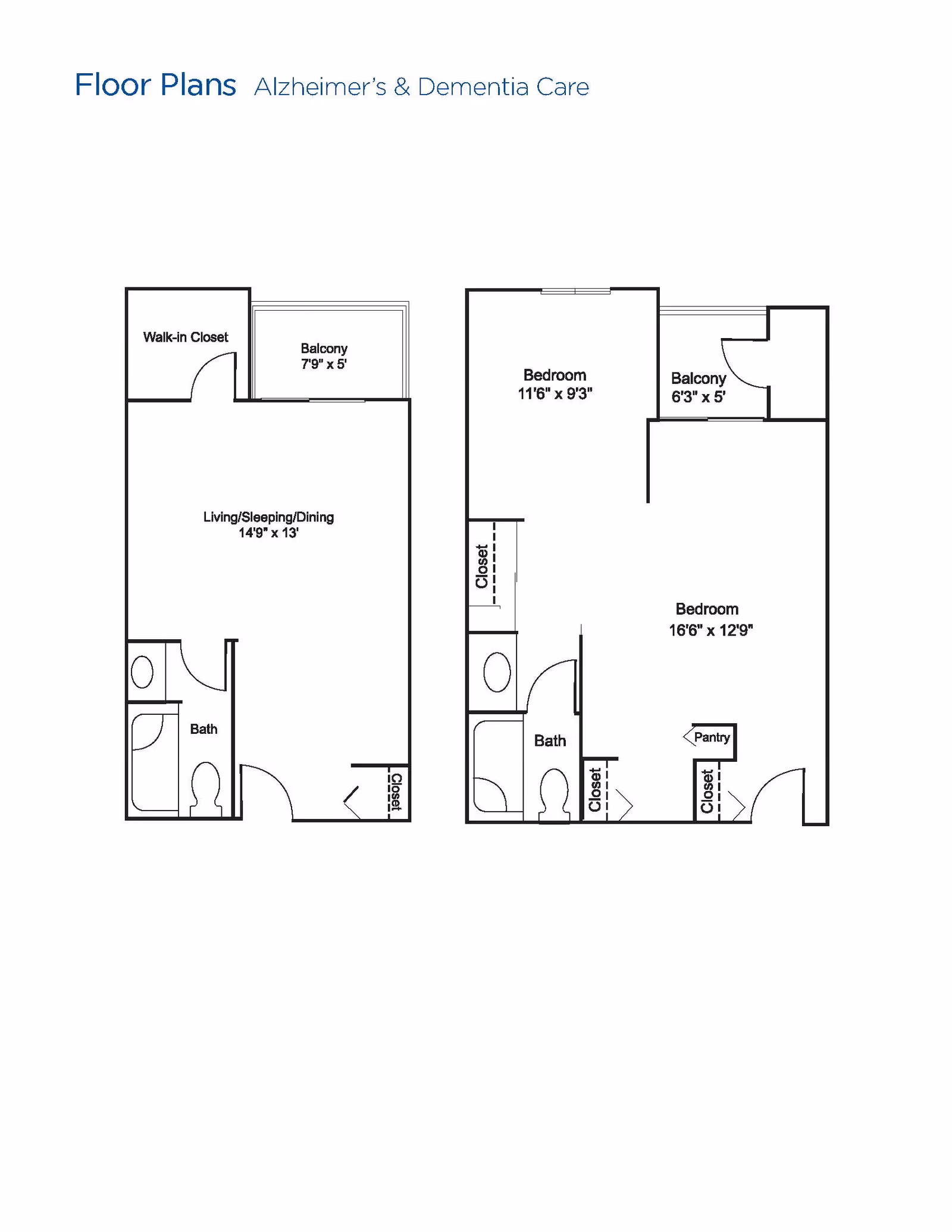 Floor plans for Alzheimer's and Dementia Care at Brookdale Central Paradise Valley showing two layouts. The first layout includes a living/sleeping/dining area, a walk-in closet, a balcony, a bathroom, and a closet. The second layout includes two bedrooms, two closets, a pantry, a balcony, and a bathroom.