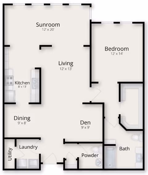Floor plan of a residential unit at The Woodlands Retirement Community showing labeled rooms including Sunroom, Living, Kitchen, Dining, Den, Bedroom, Bath, Powder, Laundry, and Utility with their respective dimensions.