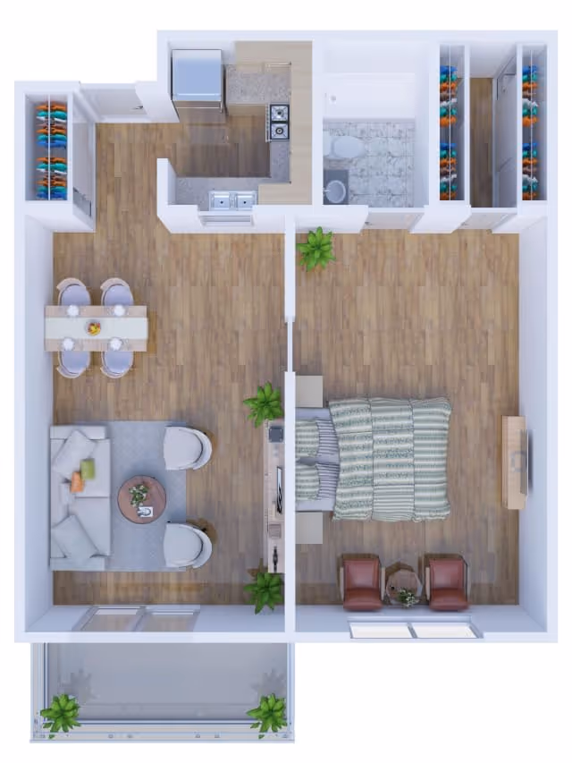 Top-down view of a one-bedroom apartment floor plan featuring a bedroom with a bed, two chairs, and a dresser; a living room with a sofa, two chairs, and a coffee table; a dining area with a table and four chairs; a kitchen with appliances and countertops; a bathroom with a bathtub, toilet, and sink; two closets; and a balcony with plants.