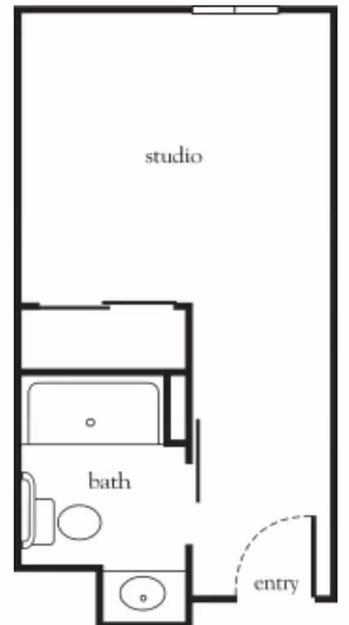 Floor plan of a studio apartment featuring an entry area, a combined studio living space, and a bathroom with a bathtub, toilet, and sink.
