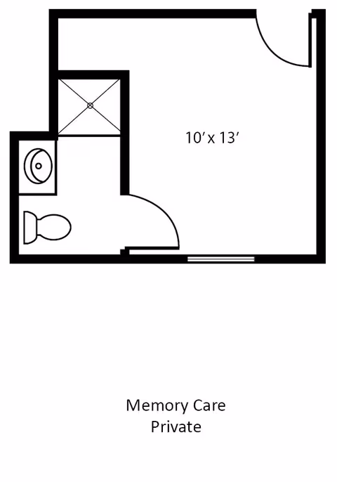 Floor plan layout of a private memory care room measuring 10 feet by 13 feet, including a small bathroom with a toilet, sink, and shower.