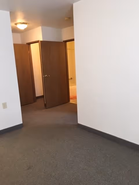 Interior view of a room with beige walls and carpeted floor, showing two open wooden doors leading to other rooms, one of which reveals a bathroom with a bathtub and a shower curtain.