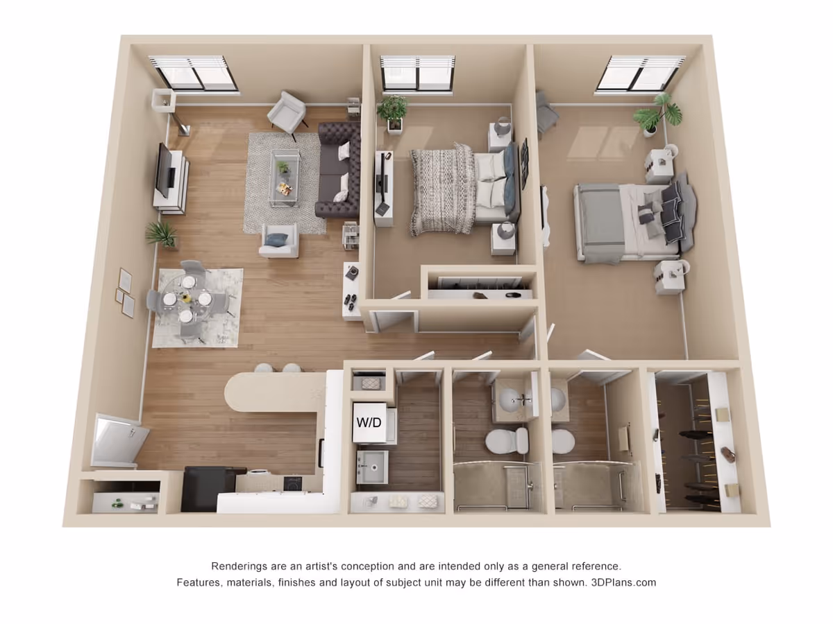 3D floor plan of a senior living apartment featuring two bedrooms, a living room with seating and TV, a dining area with a table and four chairs, a kitchen with appliances, two bathrooms with showers, and a washer/dryer area.