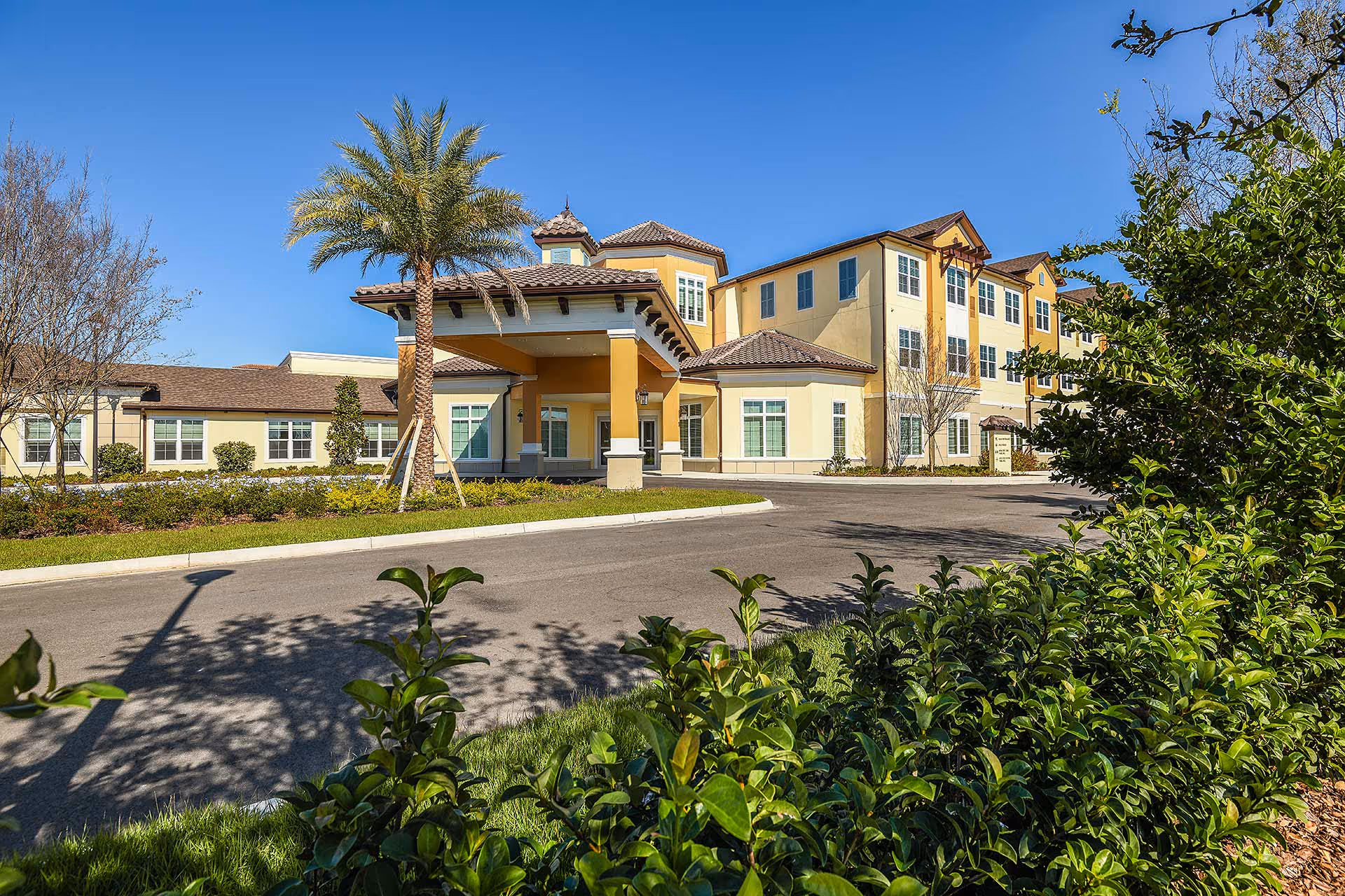 Exterior view of Providence Living at Hunter's Creek, a multi-story senior living facility with a covered entrance, palm tree, and well-maintained landscaping under a clear blue sky.