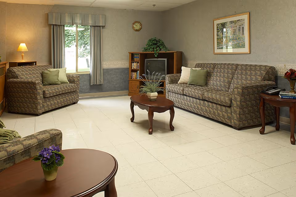 A cozy living room with patterned sofas, a wooden coffee table with a potted plant, a side table with a telephone and books, a TV on a wooden stand, a window with curtains, a lamp, and a framed picture on the wall.