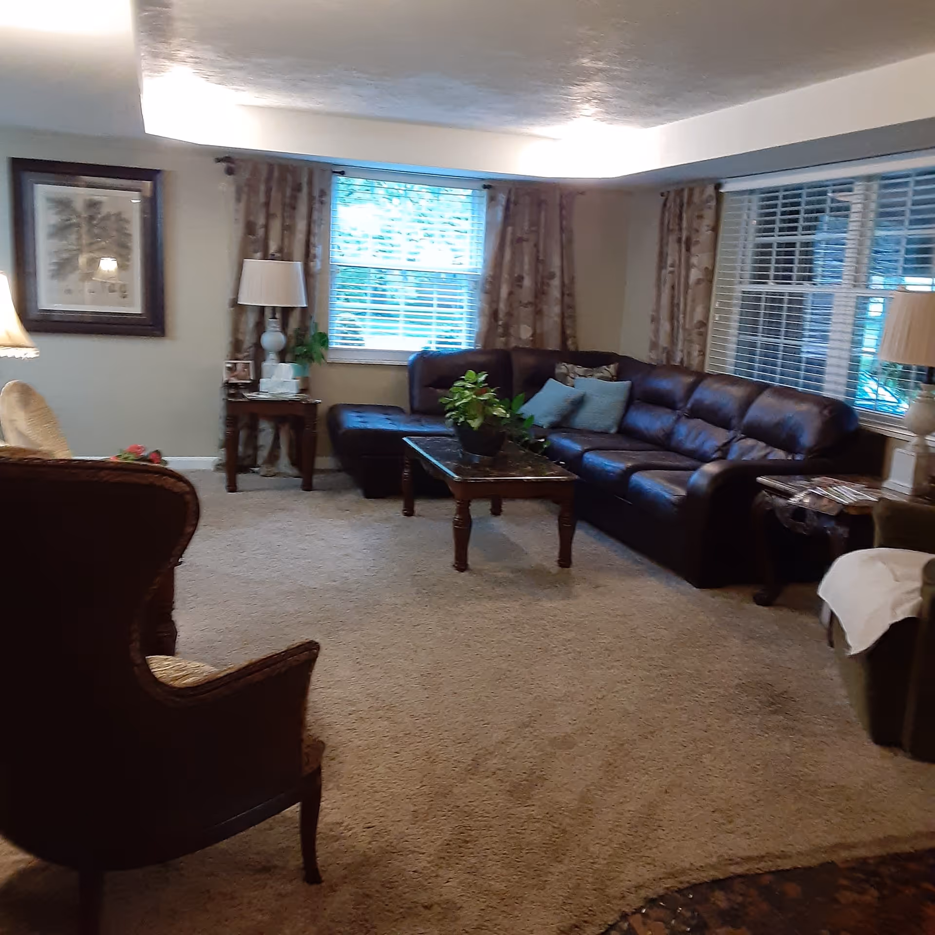 A cozy living room with a large dark brown leather sectional sofa adorned with blue and patterned cushions. There is a wooden coffee table with a green potted plant in the center. Two windows with floral curtains and white blinds allow natural light into the room. A side table with a lamp and some framed photos is next to the sofa. An armchair with a woven back and cushioned seat is partially visible in the foreground. The room has beige carpet and neutral-colored walls with a framed artwork hanging on one wall.