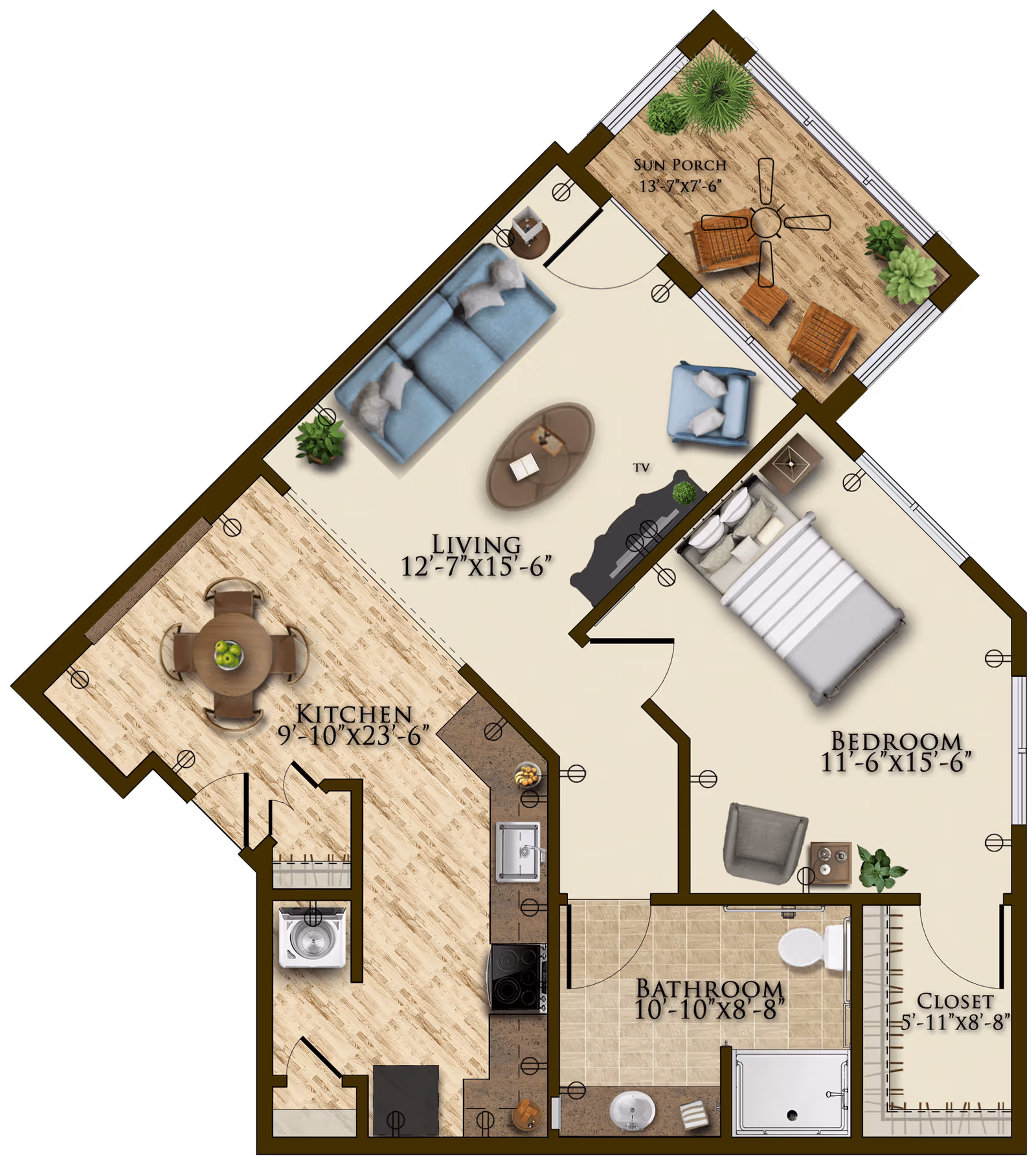 Floor plan of a senior living unit at Harmony At Mt. Juliet showing a kitchen with dining area, living room, bedroom, bathroom, closet, and a sun porch with furniture and plants.