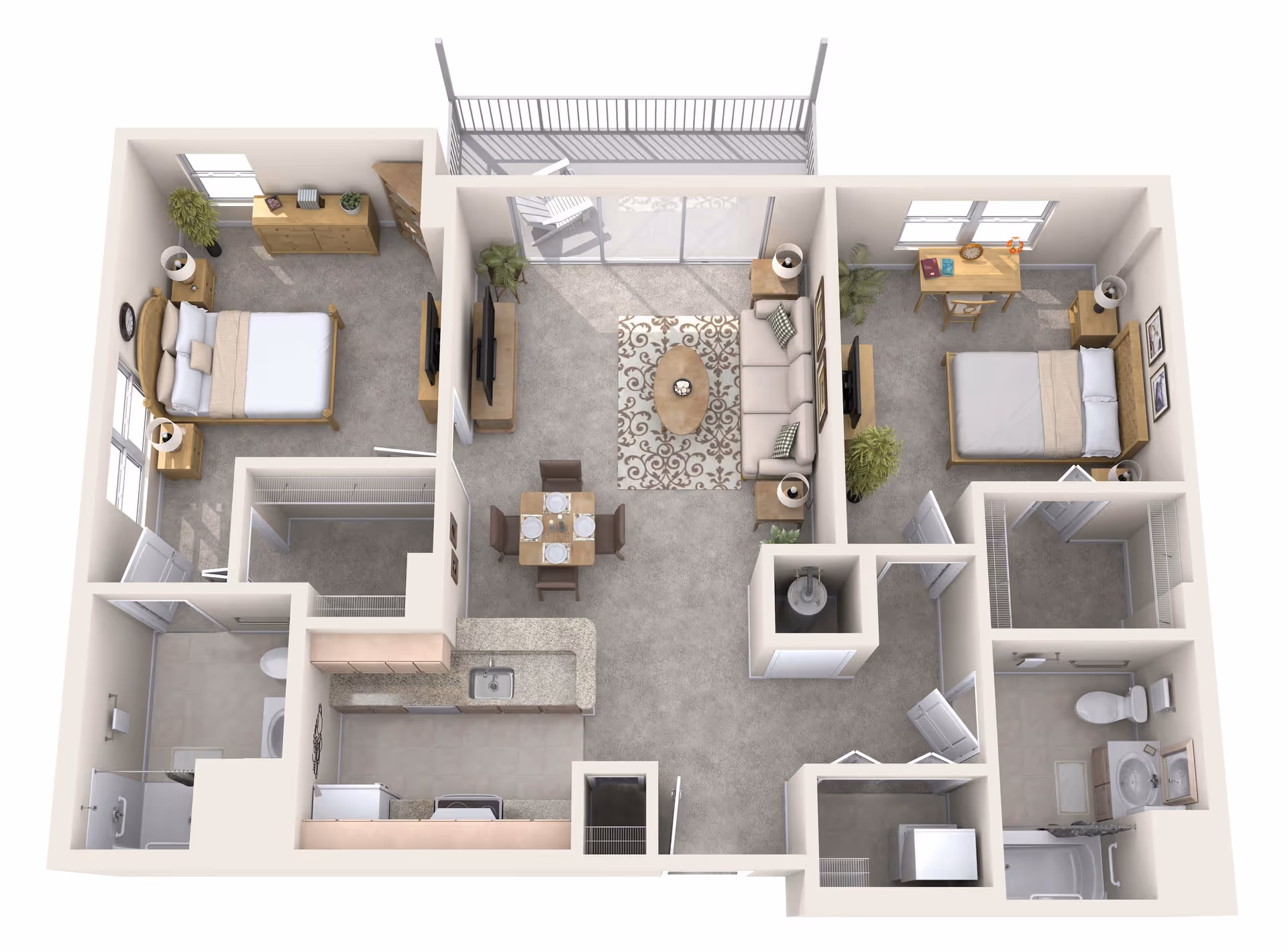 3D floor plan of a two-bedroom apartment showing a living room with balcony, dining area, kitchen, and two bathrooms.