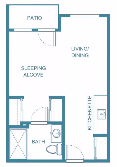 Floor plan of a living space at Holiday Copley Place showing a patio, sleeping alcove, living/dining area, kitchenette, and a bathroom with a shower, toilet, and sink.