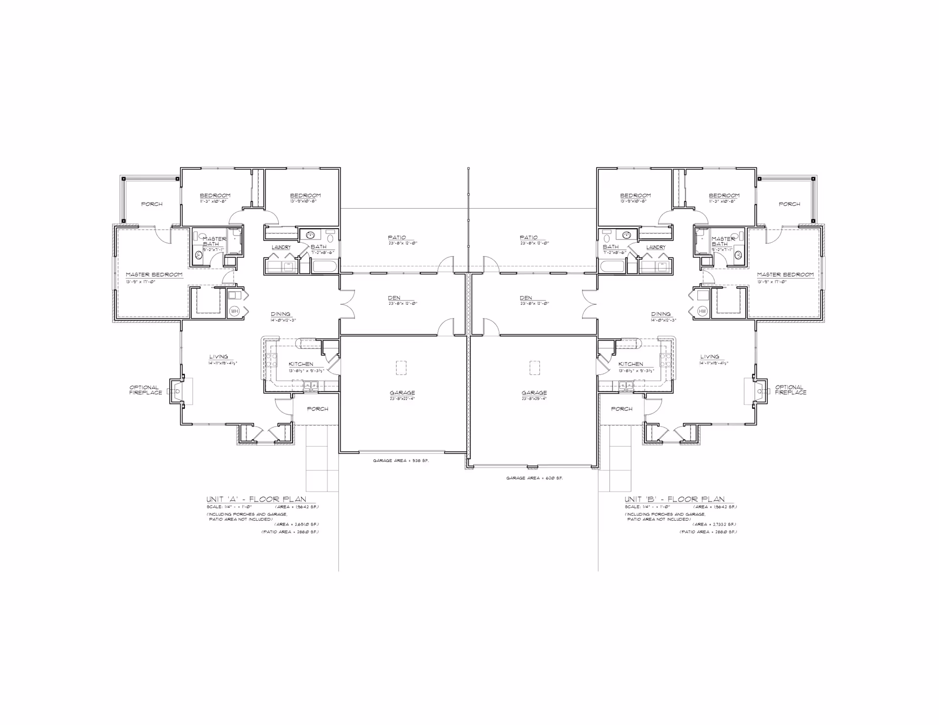 Architectural floor plan showing two adjacent residential units labeled Unit 'A' and Unit 'B'. Each unit includes a master bedroom with master bath, two additional bedrooms, a bathroom, laundry area, dining room, kitchen, living room with optional fireplace, den, porch, patio, and garage. Dimensions and area measurements are noted throughout the plan.