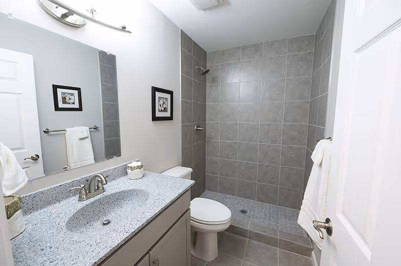 A modern bathroom featuring a gray tiled walk-in shower with a showerhead and a small step, a white toilet, a gray vanity with a speckled countertop and an undermount sink, a large mirror above the sink, a towel rack with a white towel, and a framed picture on the wall.
