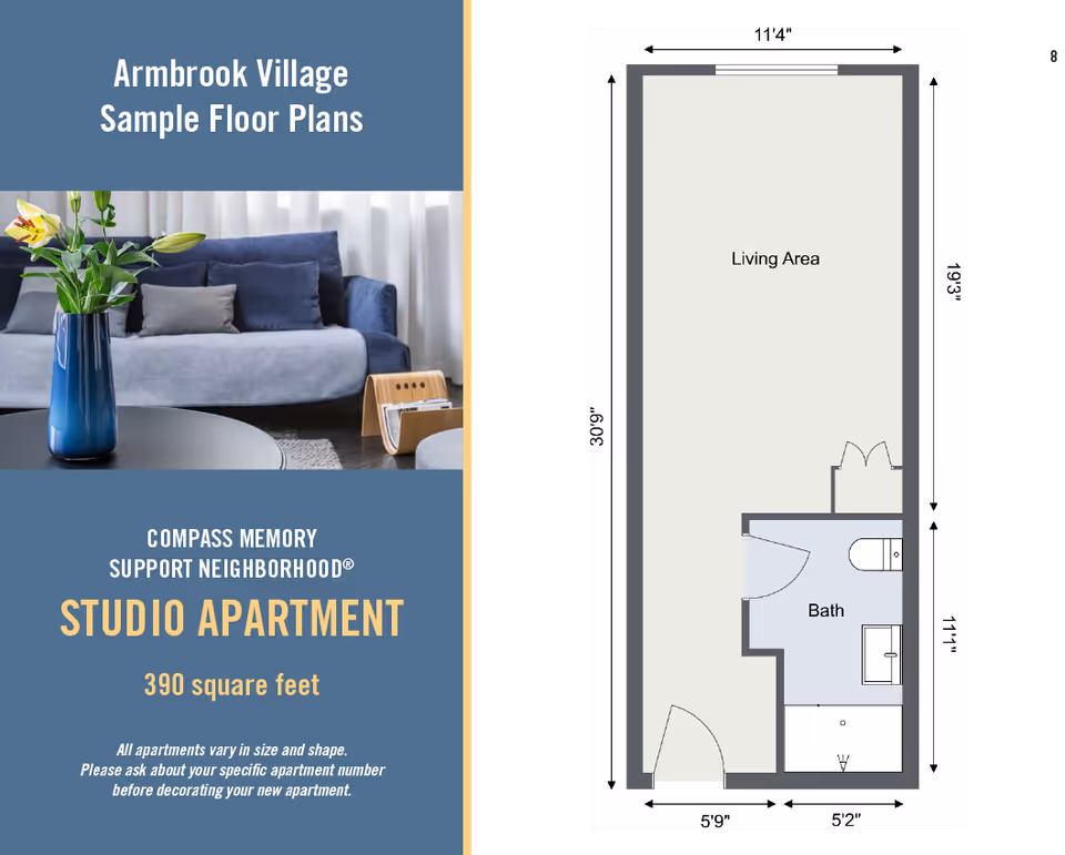 Armbrook Village sample floor plan for a studio apartment showing a living area and a bath. The layout includes dimensions for the living area and bath, with a door entrance and a small bathroom with a toilet and sink.