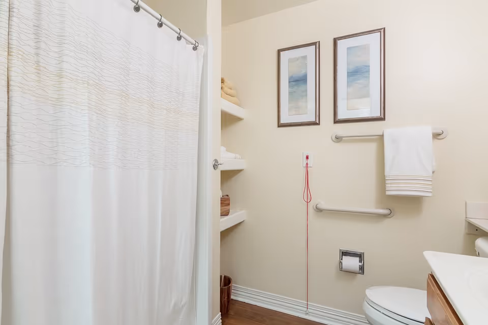 Bathroom with a shower curtain, toilet, grab bars, shelving with towels, and framed artwork on a pale wall.