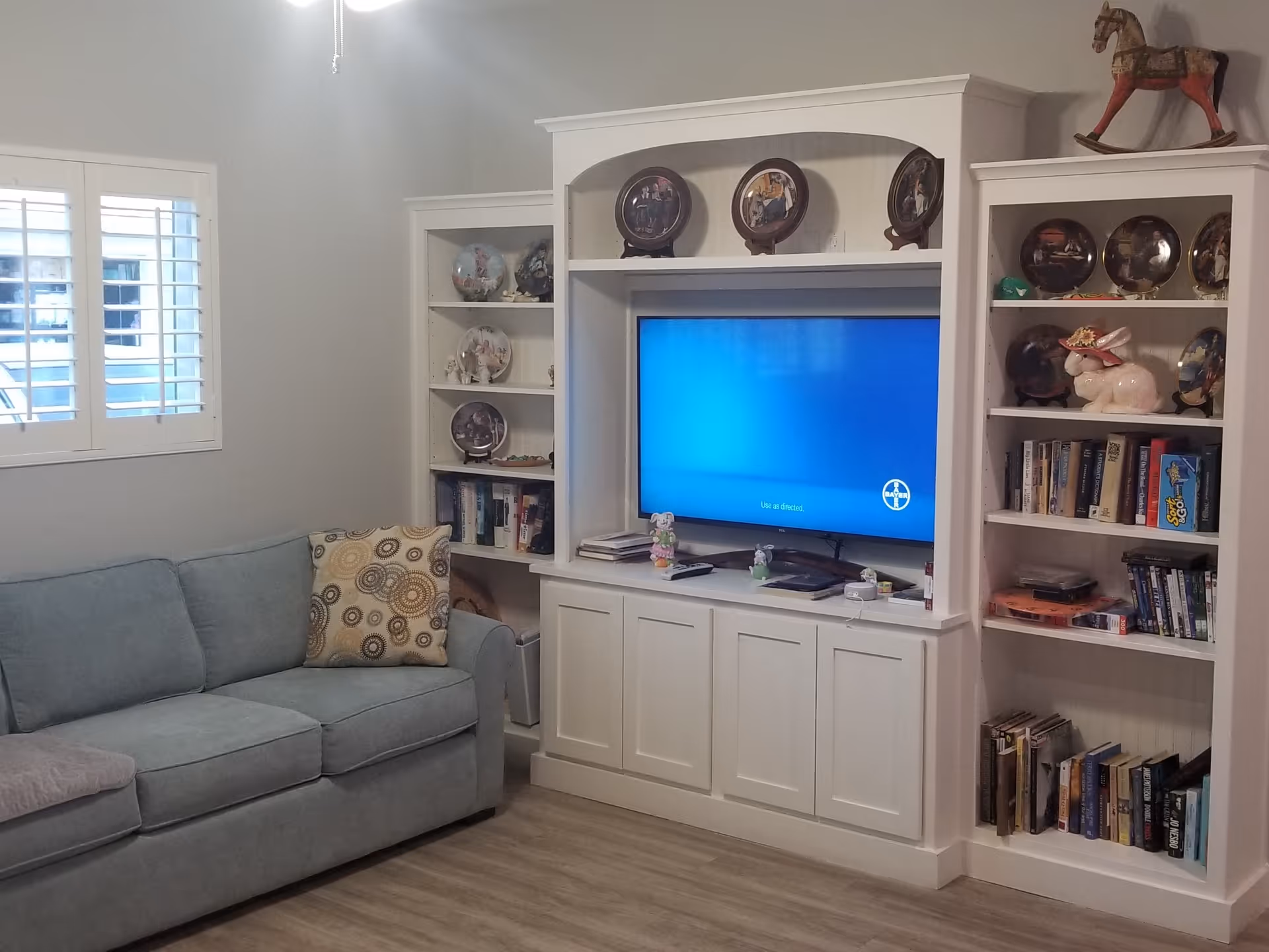 Living room with a light blue couch, a patterned pillow, and a white built-in entertainment center with a TV and bookshelves.