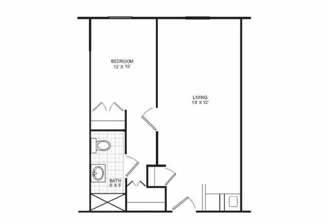 Floor plan layout of a residential unit showing a bedroom measuring 12 by 10 feet, a living area measuring 19 by 12 feet, and a bathroom measuring 6 by 5 feet. The plan includes doors and fixtures placement.
