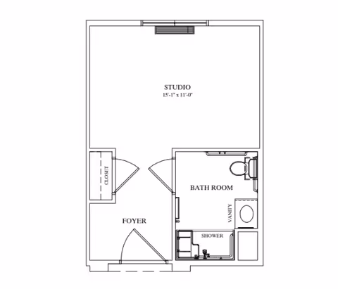 Architectural floor plan of a studio apartment featuring a foyer with a closet, a main studio living area measuring 15 feet 1 inch by 11 feet, and a bathroom with a vanity, toilet, and shower.