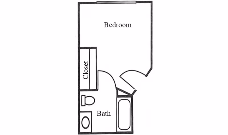 Black-and-white floor plan showing a bedroom with an adjacent closet and a bathroom containing a toilet, sink, and bathtub.
