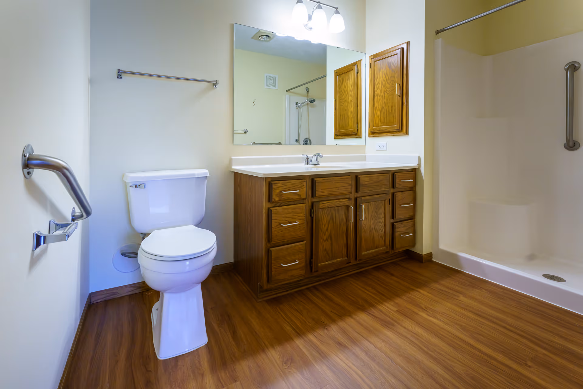 A clean bathroom with a white toilet, wooden vanity with multiple drawers and cabinets, a large mirror above the sink, a walk-in shower with grab bars, and wood-look flooring.